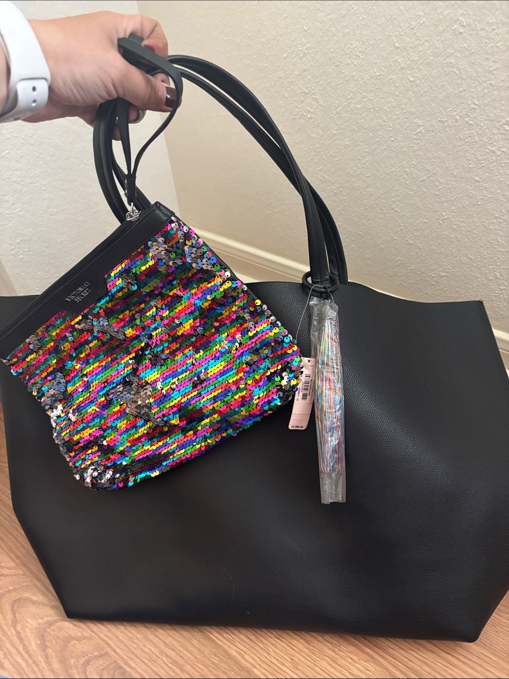 Victoria's Secret Black Tote with Multicolor Sequin Pouch